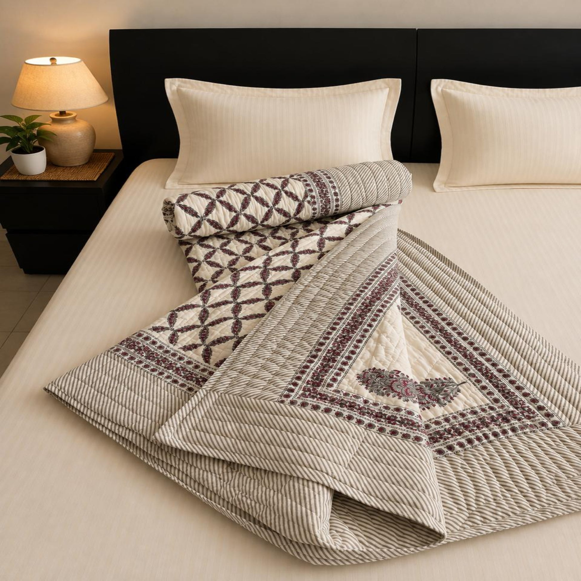 A folded Jaipuri Razai with a lovely geometric diamond pattern in off-white and burgundy, styled on a bed with cream pillows and a dark headboard.