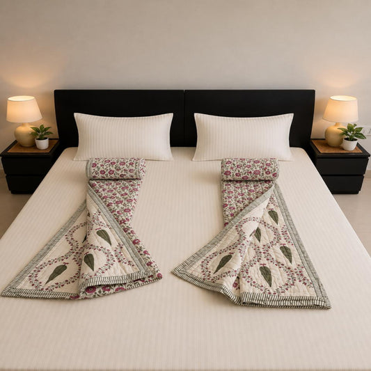 A neatly made bed with a pair of folded patterned quilts/razai/comforter displayed symmetrically on a cream-colored bedspread. The razai/quilt/comforter feature a floral and paisley design in muted green, dusty pink, and beige tones.