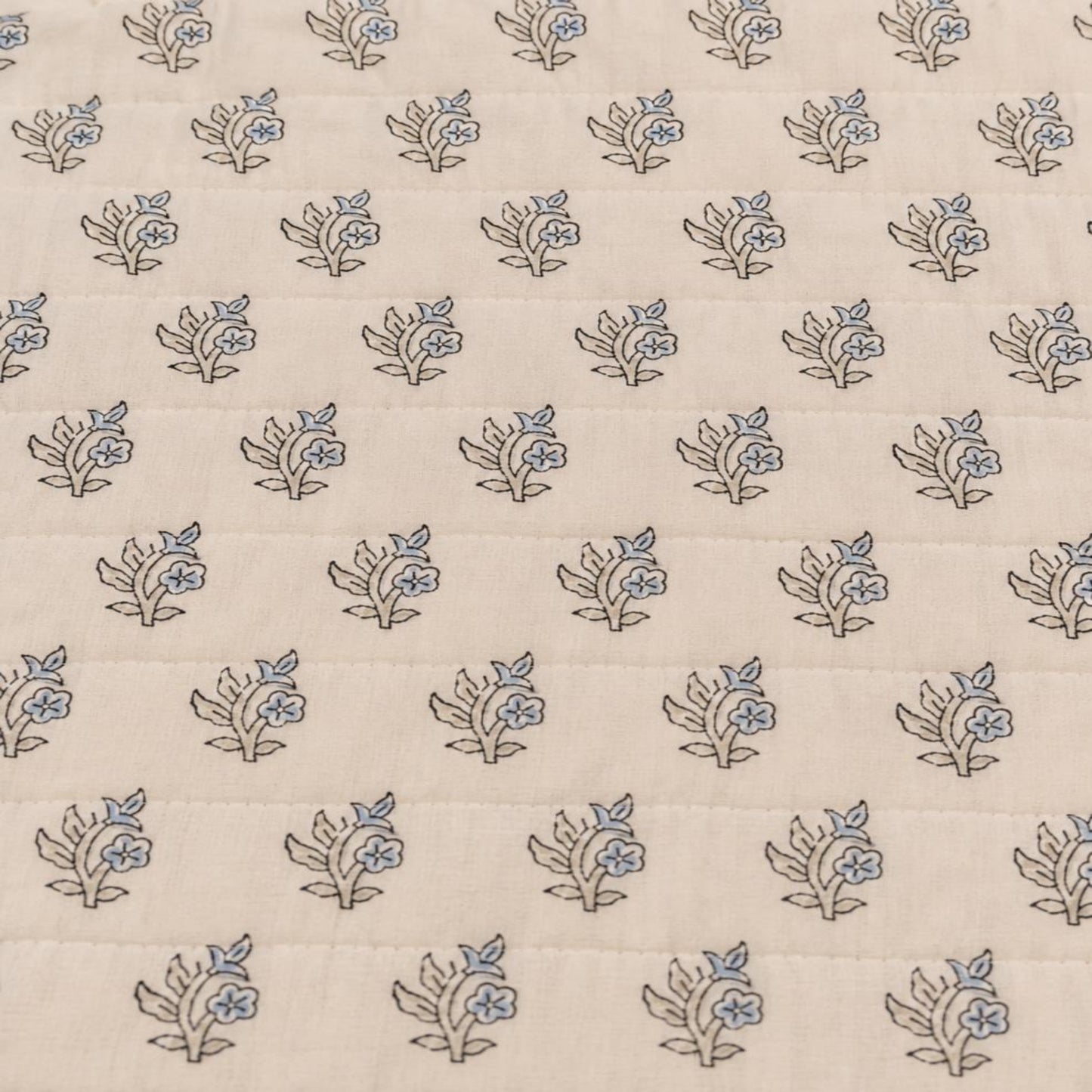 A close-up of a Jaipuri Razai featuring a repeating block-print floral pattern in blue and white.