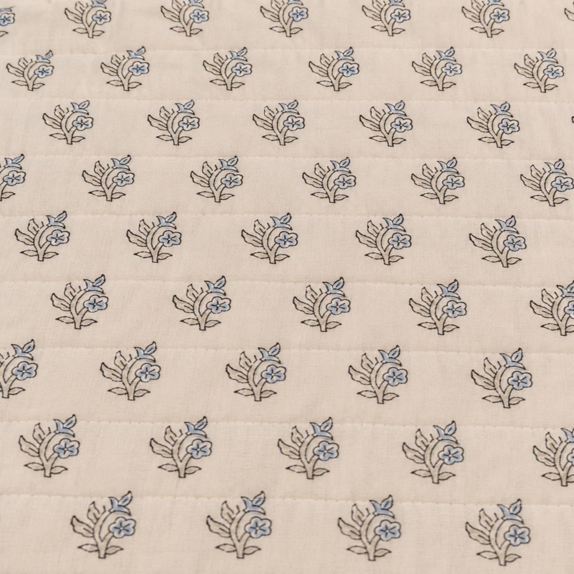 A close-up of a Jaipuri Razai featuring a repeating block-print floral pattern in blue and white.