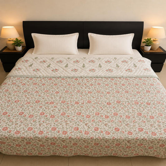 A neatly made bed in a bedroom setting, featuring a delicate pink and green floral patterned Jaipuri Razai with two white pillows, and a dark headboard flanked by bedside tables with lit lamps.