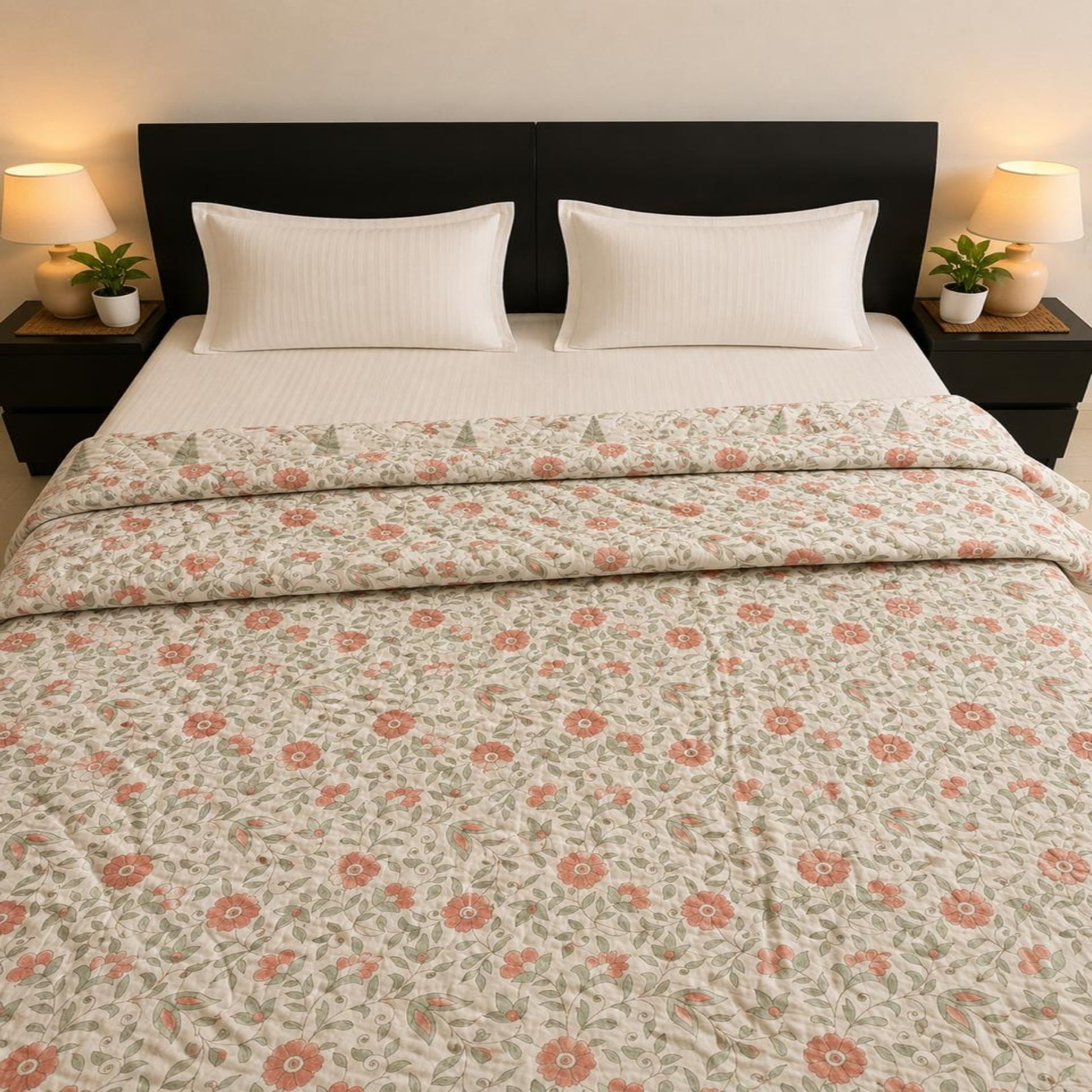 A neatly made bed with a beautiful floral Jaipuri Razai and matching pillow shams, styled in a bedroom setting with a dark headboard, bedside tables, lamps, and small plants.