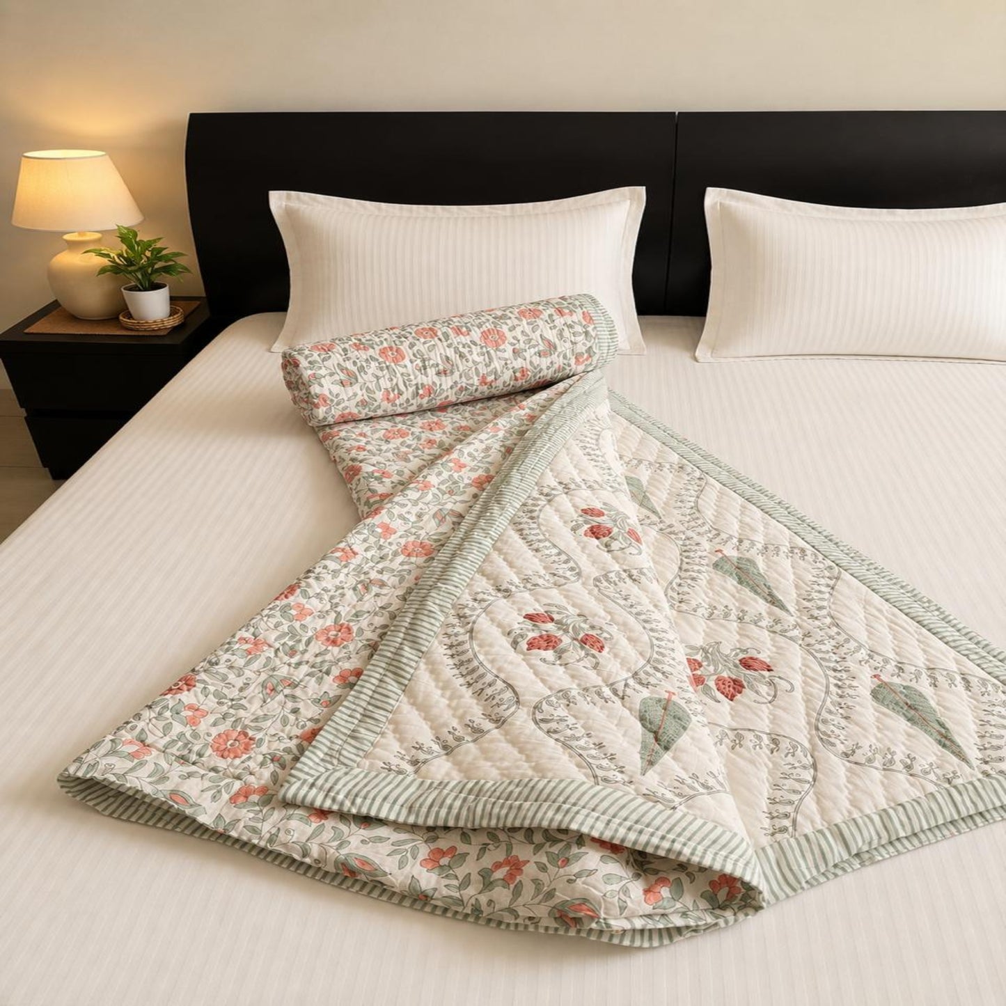 A lovely floral pattern in muted  pink and green,, folded on a bed with white bedding and a dark headboard.