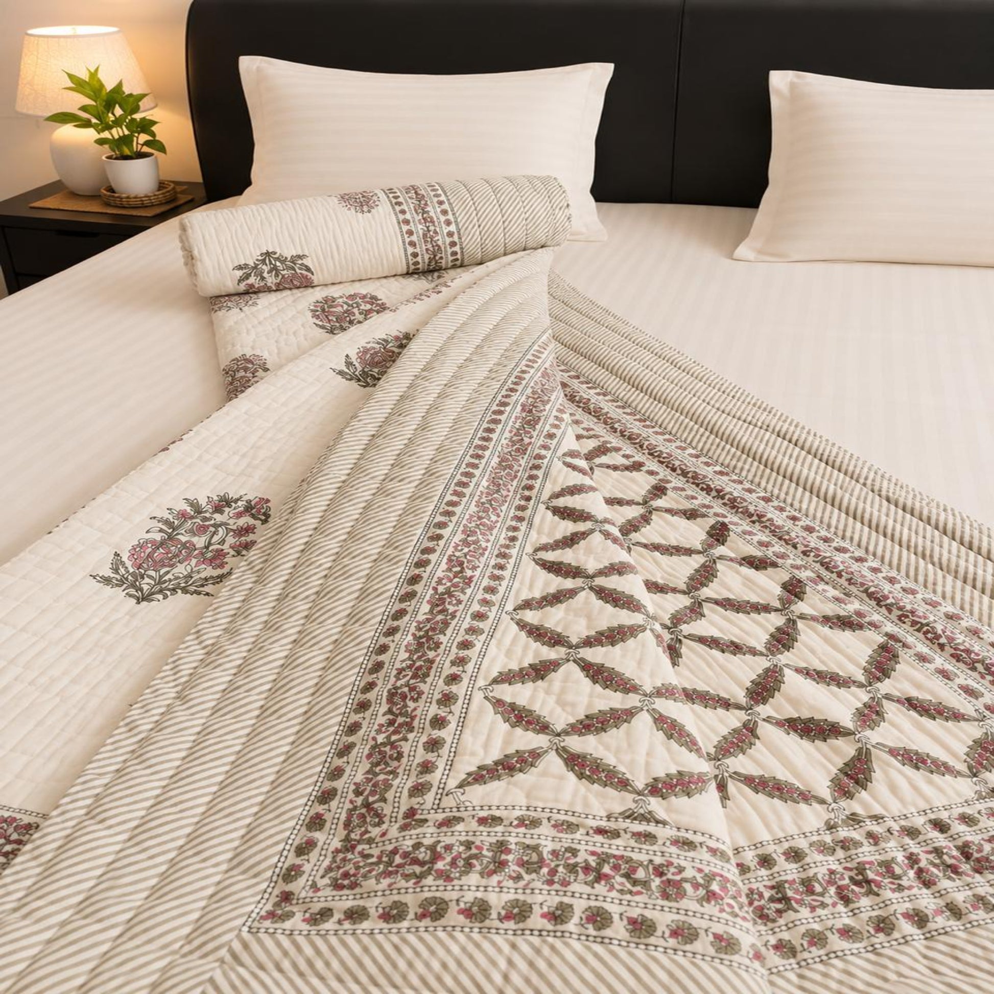 An off-white Jaipuri Razai with maroon geometric and floral patterns, styled on a bed with matching pillows and a dark brown headboard.