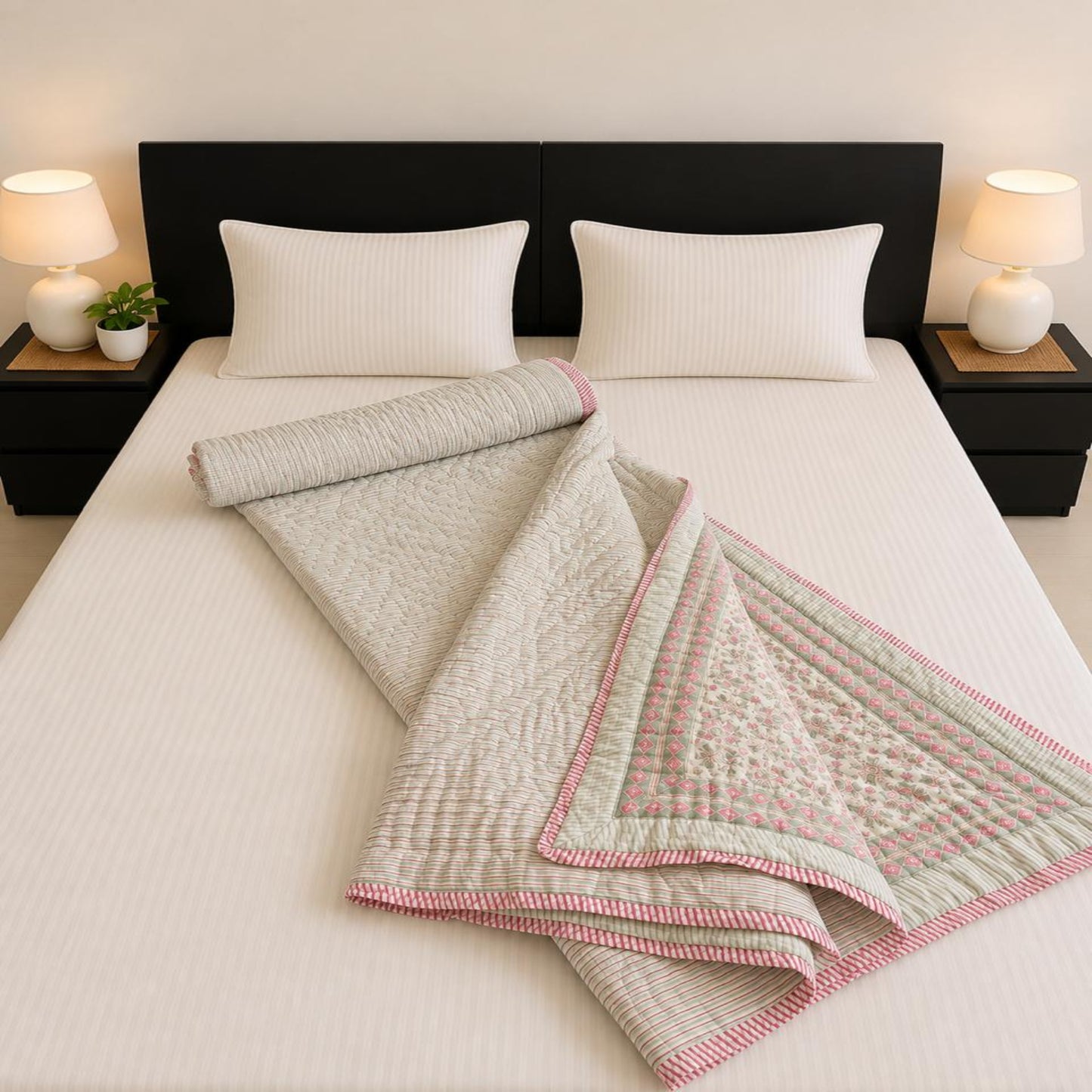 A lovely striped Block Print Jaipuri Razai with pink striped borders, styled on a bed with two white pillows and bedside lamps.