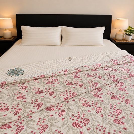 A neatly made bed with white bedding and a reversible Jaipuri razai/comforter/quilt featuring a pink floral and botanical pattern, styled in a bedroom setting with bedside lamps and a dark brown headboard.