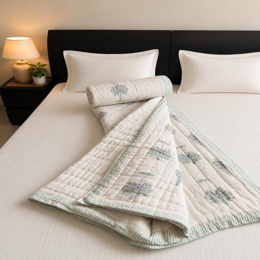 Palm Grove | Hand Block Print Cotton Comforter (Razai)
