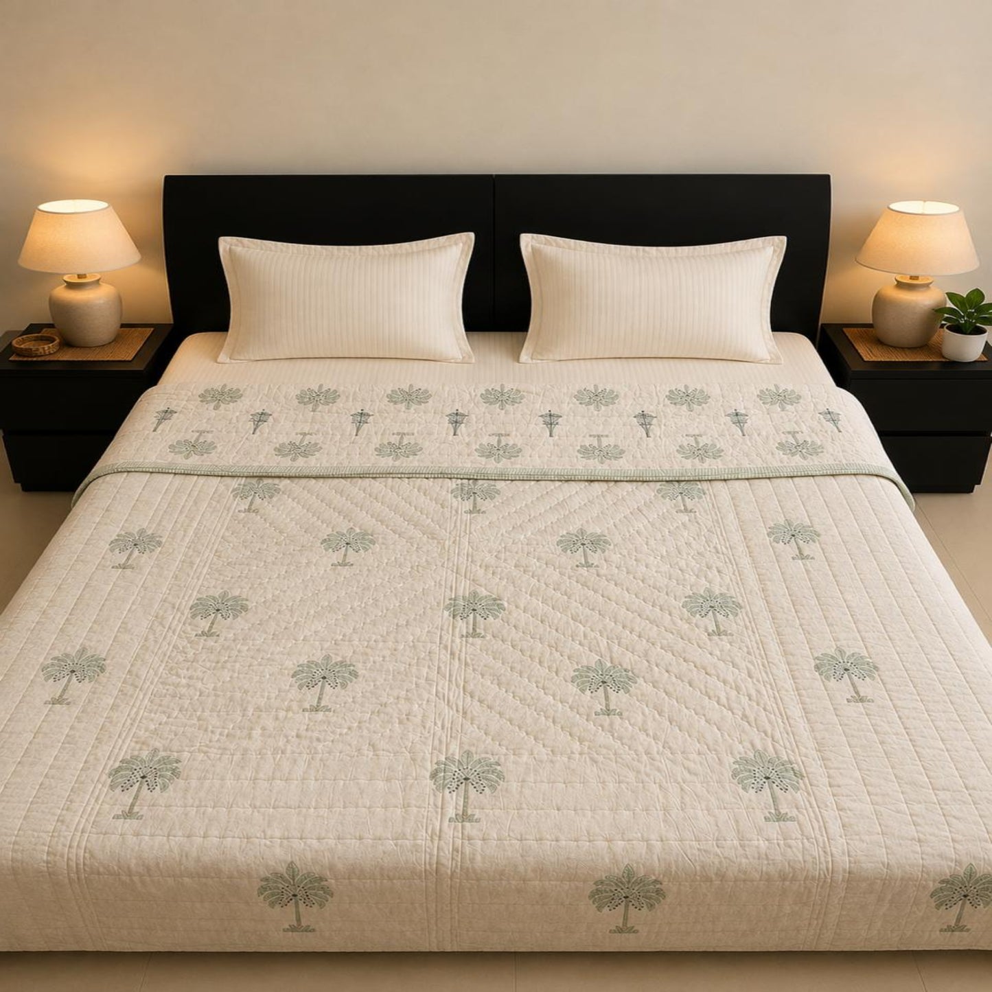 A beautiful Jaipuri Razai with a repeating palm tree pattern in sage green on an off-white background, styled on a bed with two white pillows and a dark headboard, flanked by matching bedside tables and lamps.