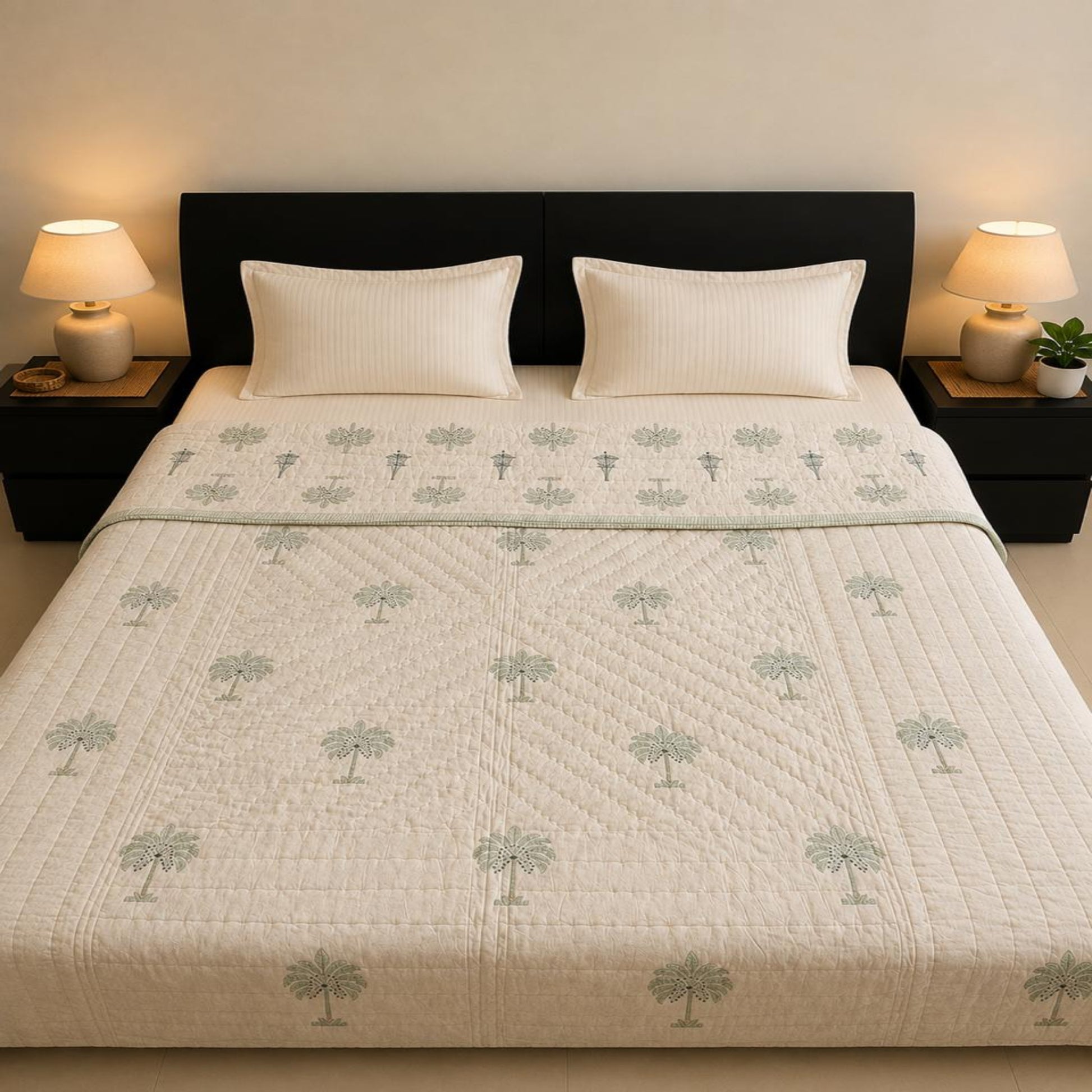 A beautiful Jaipuri Razai with a repeating palm tree pattern in sage green on an off-white background, styled on a bed with two white pillows and a dark headboard, flanked by matching bedside tables and lamps.