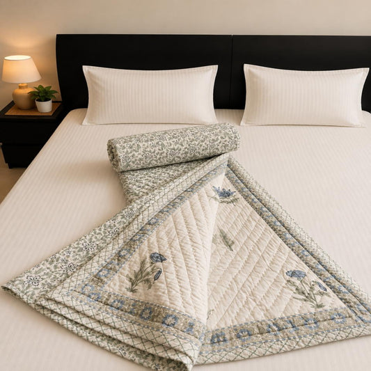 A quilted bedspread with a floral border and embroidered floral motifs, styled on a bed with white pillows and a dark headboard in a bedroom setting.